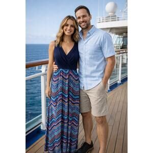 Gilli Elegant Navy Orange Elegant Maxi Dress Sz M Upscale Resortwear Travel